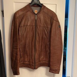 BOSS ORANGE Brown Bomber Leather Jacket